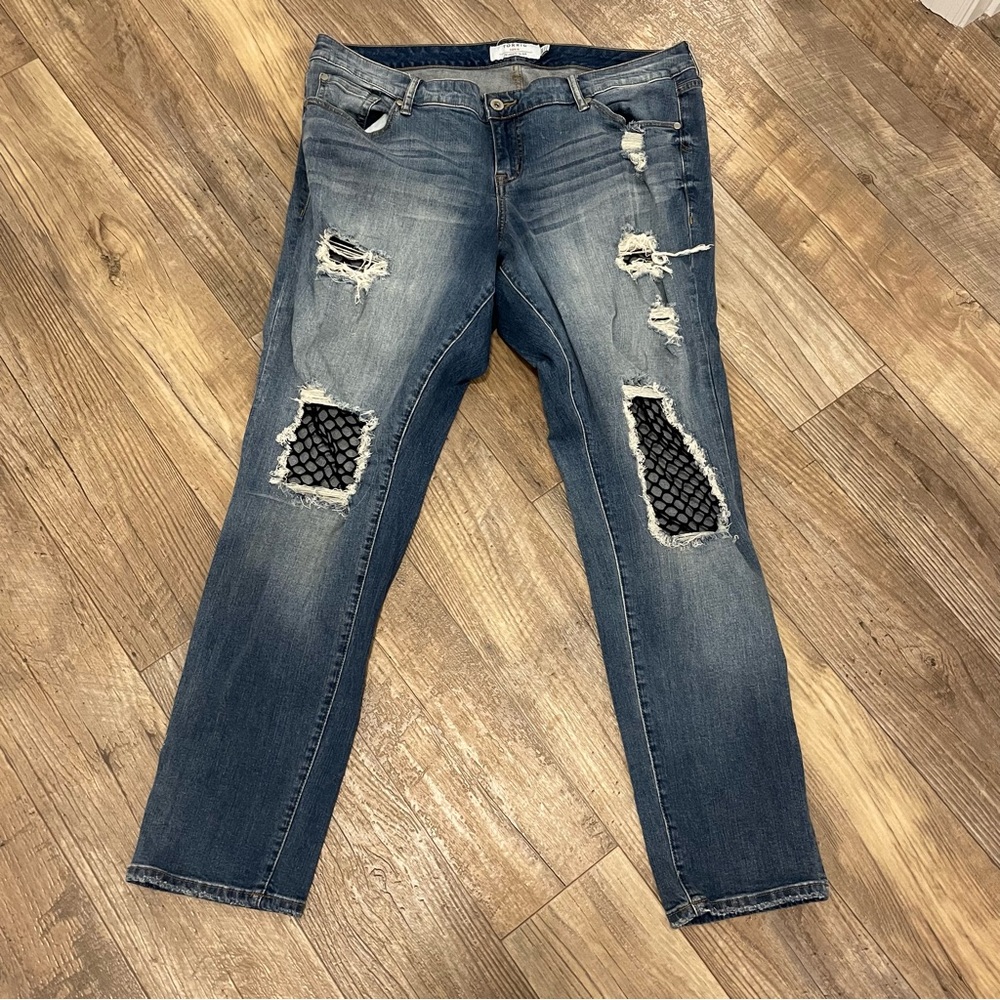 Torrid Blue Distressed Skinny Jeans with Black Accents